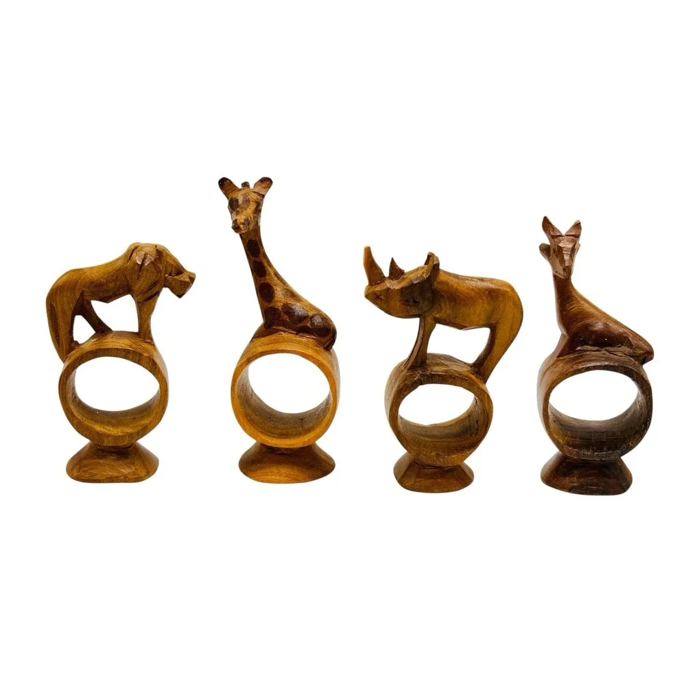 4 VTG African Safari Hand Carved Wooden Animal Napkin Rings Lion Giraffe Set
